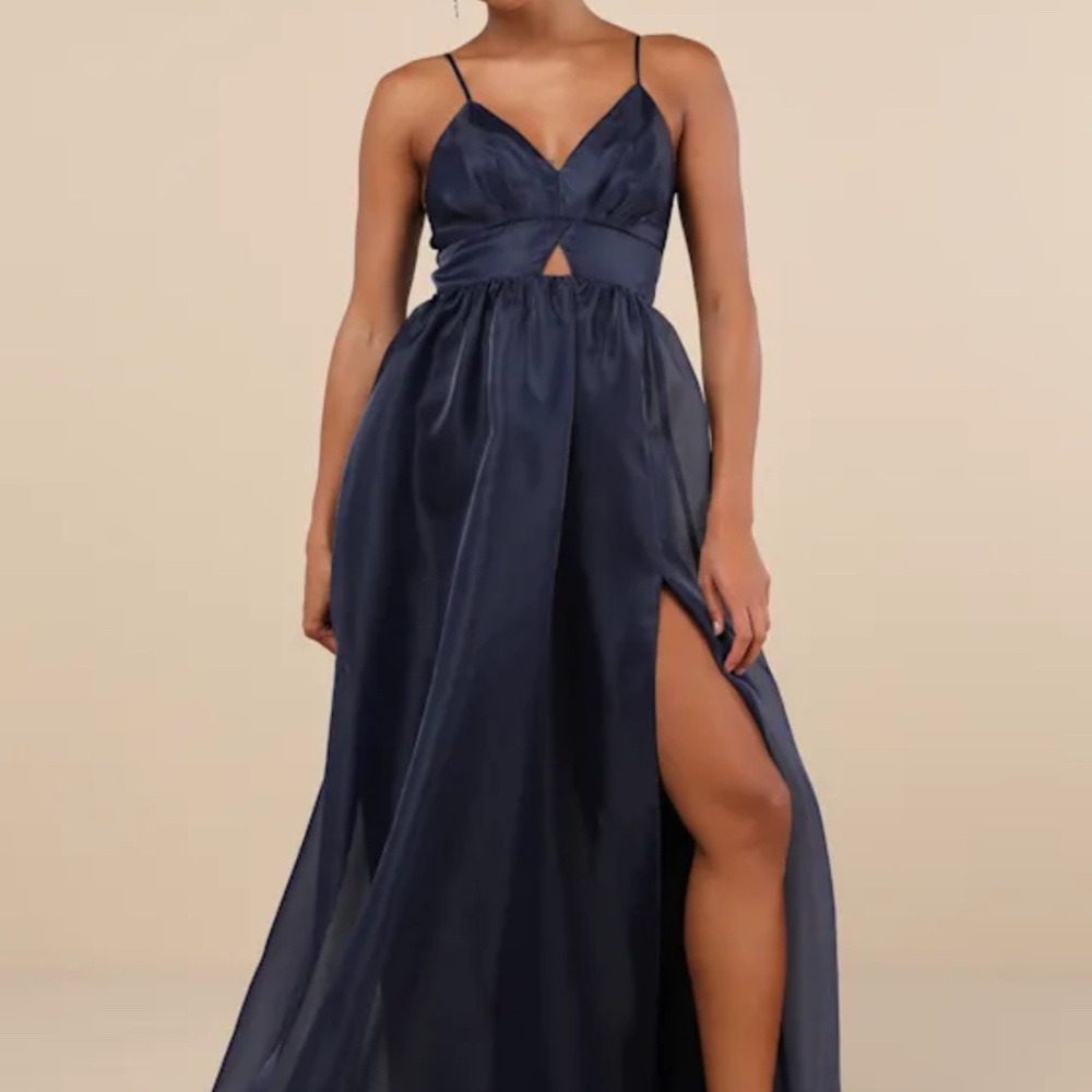 Lulus Authentic Glamour Navy Organza Sleeveless Cutout Maxi Dress